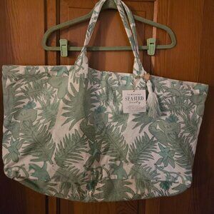 NWT Seabird Society Palm tree Beach tote green and white larger oversized cotton